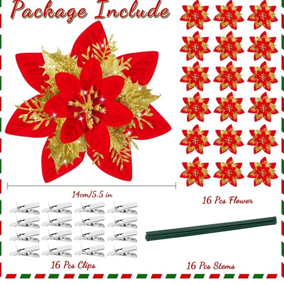 2 bundle 16Pcs Christmas Poinsettia Flower Decorations NEW! - Picture 6 of 10